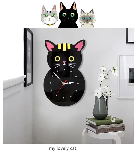 Cat Shape Cartoon Custom Acrylic Wall Clock  Home  Children's Room Decorative Modern Clocks
