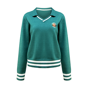 Custom <strong>Women</strong> Green Long Sleeve Tennis Pullover <strong>Polo</strong> <strong>Neck</strong> Knitted Casual Fashion Striped Cuffs Hem Sportswear <strong>Jumper</strong> Knitted Top - Product Image 4
