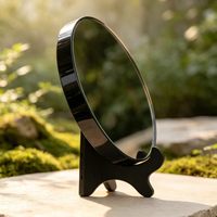 Miroir en Obsidienne Noire Polie Gravée, 10cm 15cm, Plaque Ronde avec Support, Artisanat en Cristal pour Décoration, Vente en Gros