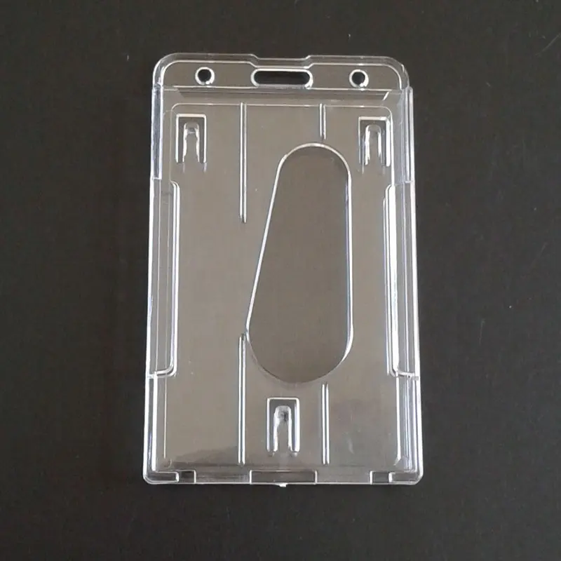 Özelleştirilmiş kaliteli PS malzeme şeffaf 2 dikey sert plastik kimlik kartvizit tutucu çift kart çok Thumb yuvası ile