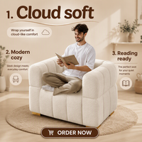 Ensemble de 2 fauteuils Cloud modernes en tissu bouclé, avec accoudoirs hauts et pieds en métal - Crème, pour appartement, chambre et salon