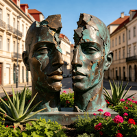 Sculpture en bronze à double visage, idéale pour les cours de villas et les parcs extérieurs