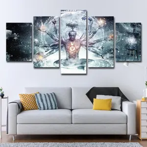 Cetak HD 5 panel Buddha Yoga abstrak pohon meditasi bumi langit berbintang Modern kanvas seni Giclee Poster untuk dekorasi dinding