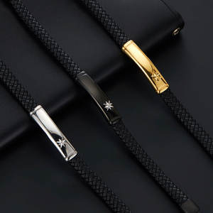 Bracelet pour homme en acier inoxydable 316l personnalisé, gravé, plaqué or 14k 18k, bracelet en cuir tressé multi-couches tendance pour homme - Product Image 3