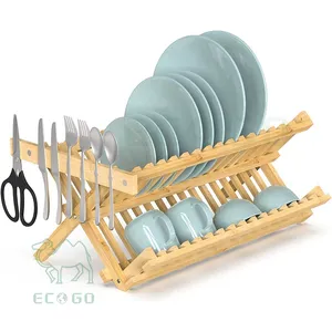 Bamboo dish plates tableware rack storage holders sink dish drying rack dish rack for knife bar holder with magnetic metal strip