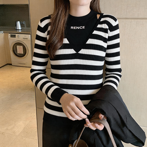 YIYU Pull-over à col rond pour <span class=keywords><strong>femme</strong></span>, à rayures blanches, effet superposé, coupe ajustée, en polaire, style mode, prix compétitif - Product Image 1