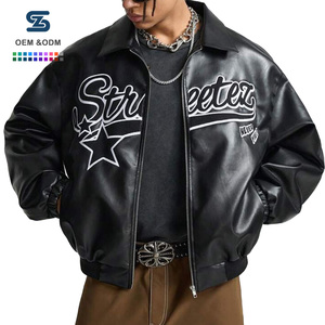 Áo khoác da cừu nam có khóa kéo dài tay có thêu chữ đồ họa Áo khoác ngoài đi xe máy mùa đông có túi - Product Image 1