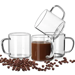 Cangkir kopi kaca bening, 14oz Mug teh kopi mulut lebar besar cangkir Espresso dengan pegangan