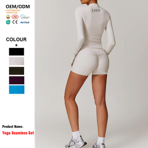 Ensemble de Yoga respirant pour femmes à manches longues haut court Shorts 2 pièces vêtements d'entraînement évacuation de l'humidité <span class=keywords><strong>Gymshark</strong></span> Style Yoga tenue - Product Image 2