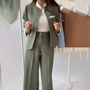 2025 Autumn Winter Solid Casual Pants Suits Elegant Women <strong>Blazer</strong> Cardigan Stand Collar Coat Straight Pants Sets Two Piece Suit - Product Image 3
