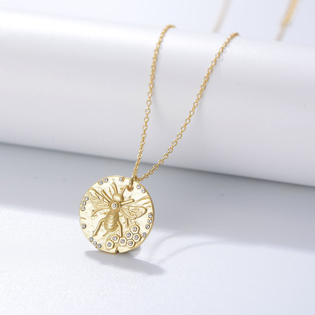 Jewelry S925 Sterling Silver Necklace Zircon Bee Design Coin Pendant Customize Jewelry