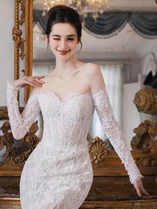 שמלת כלה קיצית <span class=keywords><strong>2026</strong></span> חדשה, בסגנון זנב דג, באורך הרצפה, עם רצועות ספגטי צרפתיות, תחרה קריסטלית, אשליה, פרחים יבשים מהירים - Product Image 4