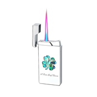 Briquet coupe-vent en métal, motif trèfle à quatre feuilles, coquille d'ormeau, flamme colorée, emballage cadeau