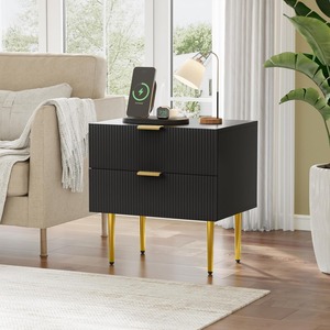 Fondlive Mid Century Modern 2-Drawer Mesita de noche Mesa de madera estriada con patas de <span class=keywords><strong>metal</strong></span> dorado para dormitorio Sala de estar Hotel - Product Image 2