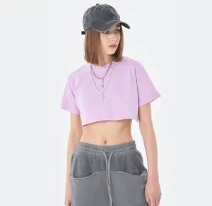 Womens Plain Fashion Crop Tops Tee Sexy Atacado Fitness Top Colheita Tshirt Casual 220gsm Algodão Lavado Vintage Curto Tripulação Pescoço