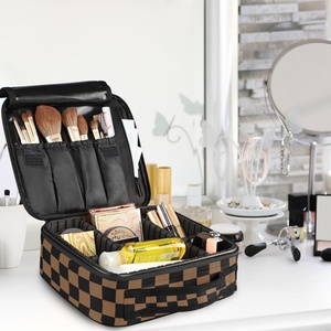 Brown/Black Checkered Professional <b>Makeup</b> Artist Holder Cosmetic <b>Box</b> Organizer <b>Makeup</b> Travel Case with Adjustable Dividers - Product Image 6