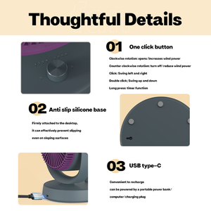 Ventilador de Circulación de Aire 3D con Perilla de Velocidad Graduable, Temporizador de 1/2/4/8 Horas, Doble Batería Recargable de 4000mAh, USB-C, LED, Alerta de Batería Baja - Product Image 5
