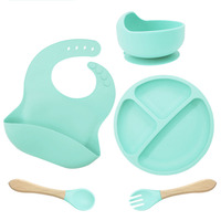 Ensemble de vaisselle pour bébé en silicone micro-ondable sans Bpa ensemble de vaisselle 5 pièces avec plaque à ventouse, bol, cuillère, fourchette, bavoir
