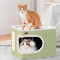 Lit pour chat carré en lin pliable monobloc entièrement fermé, type maison-caverne, pour l'hiver, amovible, lavable, anti-griffures, style classique et tendance