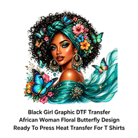 Transfert DTF Prêt à Presser Femme Africaine Fleur Papillon pour T-shirts Vêtements et Habillement