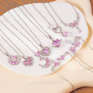 Collana pendente moda donna acciaio inossidabile placcatura argento impermeabile rosa zircone ali amore alla moda cuore luna - Product Image 1