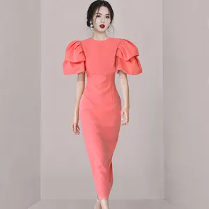 Droma 2023 new collection Korean fashion style elegant pure color slimming dress pile sleeve bright color dress summer
