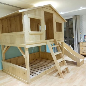 Divertida Cama Infantil de Madera en Forma de Casa de Árbol, Hecha a Mano, con Tobogán y Estante, Cama Montessori Tipo Casa, Individual - Product Image 3