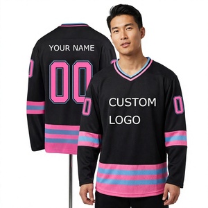Maillot de hockey sur glace personnalisé pour homme, noir, rose, bleu, rayé, col en V, manches longues, impression sublimée, polyester respirant, vêtement d'équipe - Product Image 1
