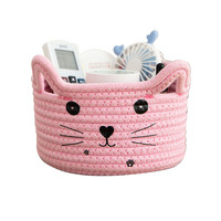 Panier de rangement pour chat en corde de coton tressée avec oreilles décoratives, mignon, pour jouets d'animaux, idéal comme boîte à jouets ou pour offrir