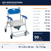 Chaise de toilette pliante à roulettes en alliage d'aluminium, siège souple, dossier bleu, accoudoirs, pour personnes âgées et handicapées, sécurité au bain