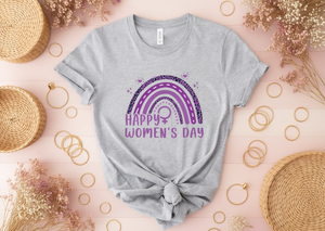 เสื้อยืดวันสตรีสุขสันต์ ดีไซน์เรนโบว์เฟมินิสต์ แขนสั้น คอกลม เสื้อยืดลำลองสำหรับผู้หญิง สีเทาเฮเทอร์ พิมพ์ลายเจอร์ซีย์ - Product Image 2