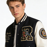 Jaket Varsity Pria Kulit Asli Berkualitas Tinggi Model Vintage Hip Hop, Jaket Baseball Letterman Wol Bordir Anti Angin
