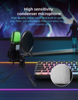Microphone de jeu professionnel RGB pour ordinateur, filaire USB, à condensateur, avec directivité omnidirectionnelle, portable, léger, avec suspension antichoc