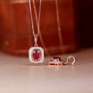 Aazuo – ensemble de bijoux en or rose massif 18 carats, rubis naturel, diamants véritables, collier et bague carrés, cadeau pour femme, fête de fiançailles - Product Image 3