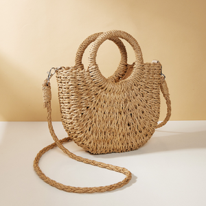 Sacs de plage faits à la main de couleur bonbon en gros, sacs à bandoulière en <span class=keywords><strong>paille</strong></span> demi-<span class=keywords><strong>rond</strong></span>, grande capacité, sacs fourre-tout en <span class=keywords><strong>paille</strong></span> tissés décontractés pour femmes - Product Image 4