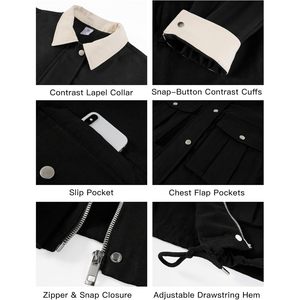 <b>Womens</b> Cropped <b>Jacket</b> Contrast Collar <b>Zip</b> <b>Up</b> Utility Coat With Pockets Autumn Woven Full Sleeve Turn Down Collar - Product Image 6