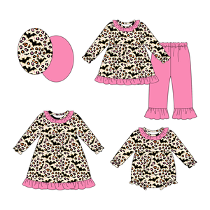 Personnalisé Halloween Chauve-Souris Imprimé Léopard Filles Boutique Tenues Mignon Bébé Vêtements Décontractés Volants Robe Bulle Barboteuse Sœurs Allumettes - Product Image 1