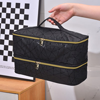 Sac cosmétique en cuir PU double couche 35x18x16cm, support pour sèche-cheveux, organiseur de voyage, sac à main pour filles, 2 couleurs, vente en gros OEM