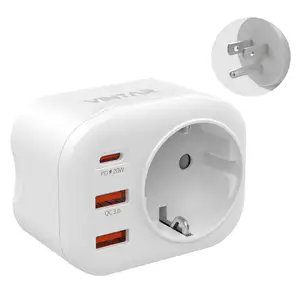 VINTAR 4 in 1 Travel Adapter Europe to USA with 2 USB ports and 1 USB-C port PD 20W USA Travel Adapter QC 3.0