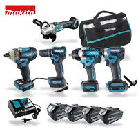 Makita 18V Cordless 11 Piece Power Tool Combo Kit 2 Impact Wrenches Drill Driver Angle Grinder 4 Baterai Charger Tas Alat