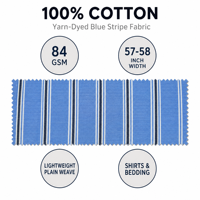 Tissu 100% Coton Teint Fil à Rayures Verticales Respirant Léger 84 g/m² 57/58 po Base Bleue Rayée Tissé pour Blouse et Textile de Maison