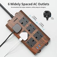 Multiprise avec port USB, finition bois, 6 prises, protection contre les surtensions, 13A/3250W, câble d'extension 2M