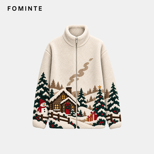 Veste d'hiver chaude pour femme en polaire jacquard teint en fil, motif café de Noël et village enneigé, design de luxe, logo personnalisé, OEM - Product Image 1