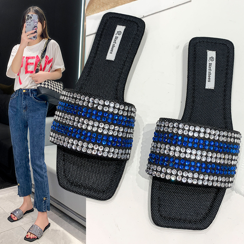 2023 Women Rhinestone Flat Sandals Slippers Square Head Casual Slide Summer Beach Shoes