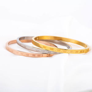 European American Retro 4Mm <b>Titanium</b> Steel Roman Numeral Cuff Bracelet 18K Gold Plated Unisex Jewelry - Product Image 5