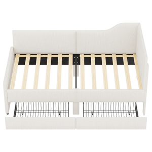 เตียงเดย์เบดผ้าลูกฟูกทรงตัวแอลขนาดทวิน โครงเตียงหุ้มเบาะพร้อมลิ้นชักเก็บของ 2 ช่อง สีเบจ สำหรับห้องนอนโรงแรม - Product Image 5