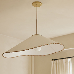Lampe suspendue vintage française en laiton, abat-jour rond en tissu doré E27, pour chambre à coucher, salon, style zen - Product Image 4