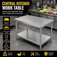 Centrale keukenwerktafel, groot vlak werkblad, open onderste plank, zwaarbelastbaar roestvrijstalen frame voor ruimte voor bulkvoedselbereiding