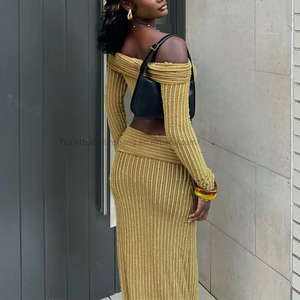 New High Elastic Fabric Off Shoulder Long Sleeve Striped Dress 2 Piece Set for Women Fashion - Product Image 4