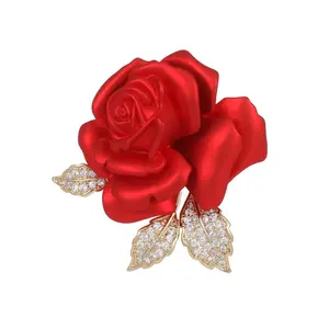 Vintage Luxe Bruiloft Bloemen Broches Pin Rode Corsage Zirkoon Rose Bloemen Broche Voor Bruids